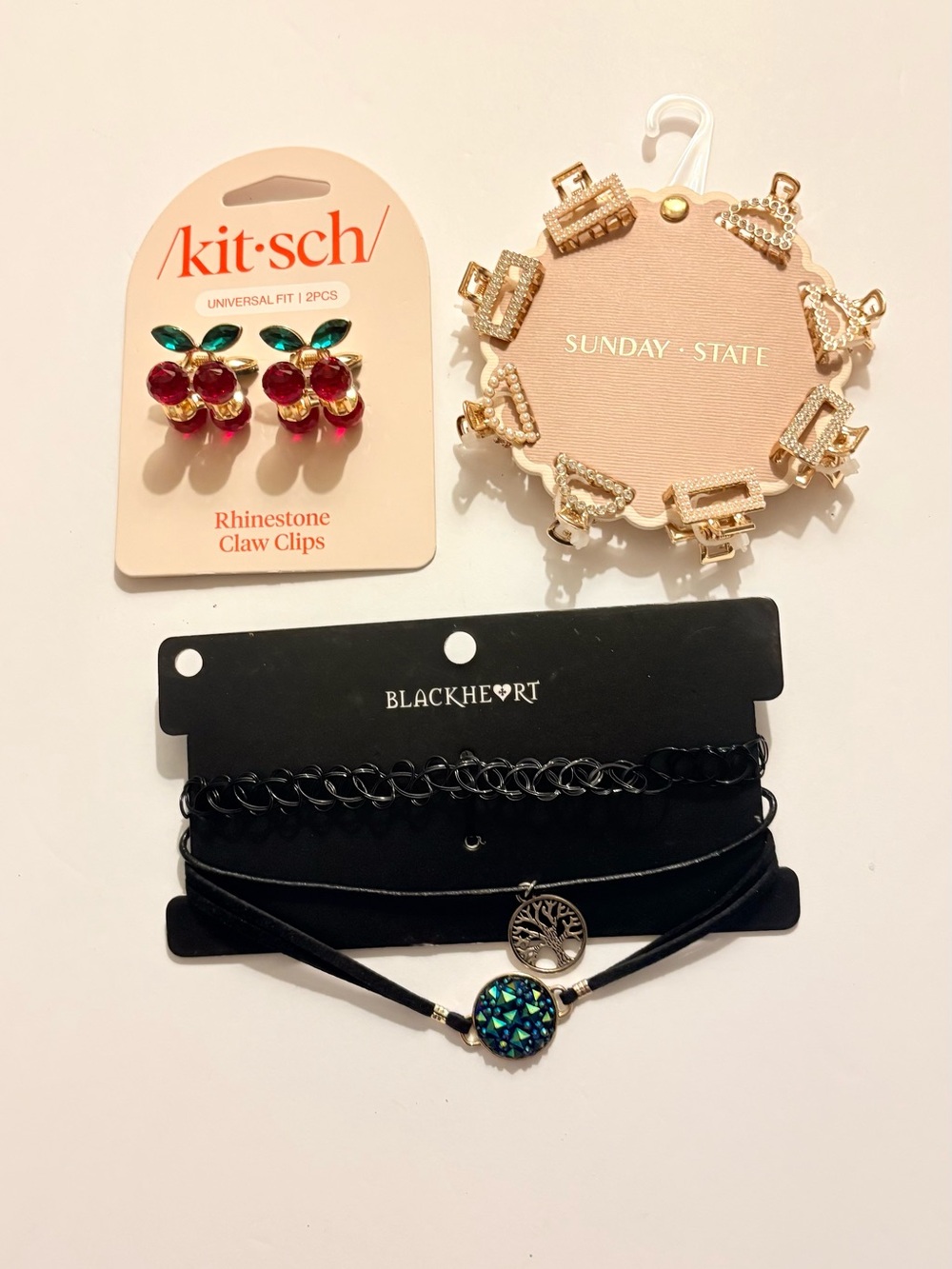 Kitsch Pink & Teal Rhinestone Cherry Claw Clips & Choker